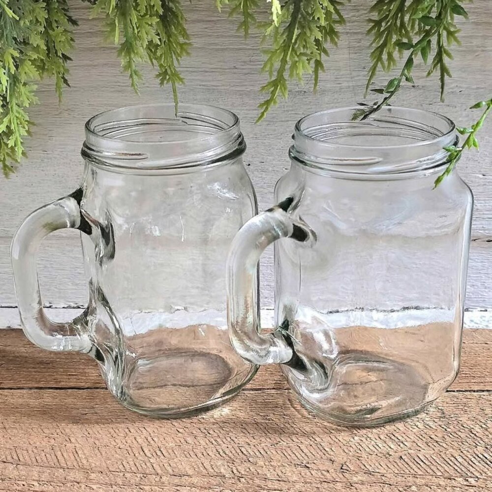 Primitive Set of 2 Clear Glass Jar Mugs Farmhouse Kitchen Decor
